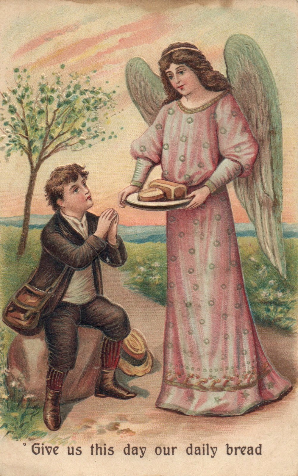 "Give Us This Day" Angel Gives Bread to Man Gold Gilt Religious Postcard 264