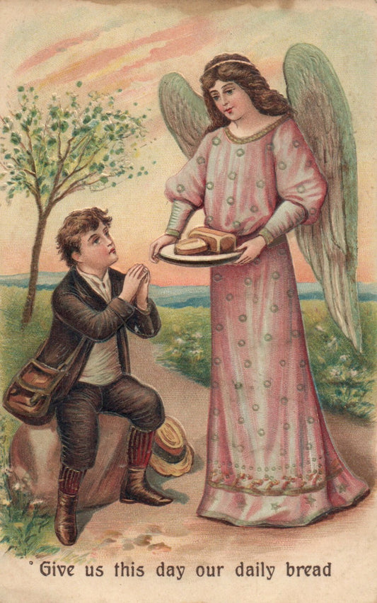 "Give Us This Day" Angel Gives Bread to Man Gold Gilt Religious Postcard 264