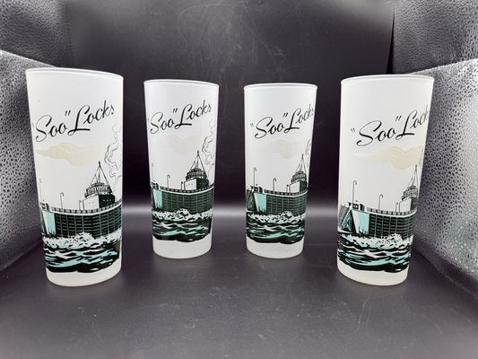 4 Vintage Soo Locks Michigan Souvenir Frosted Glasses Glass  Sault Ste Marie MI