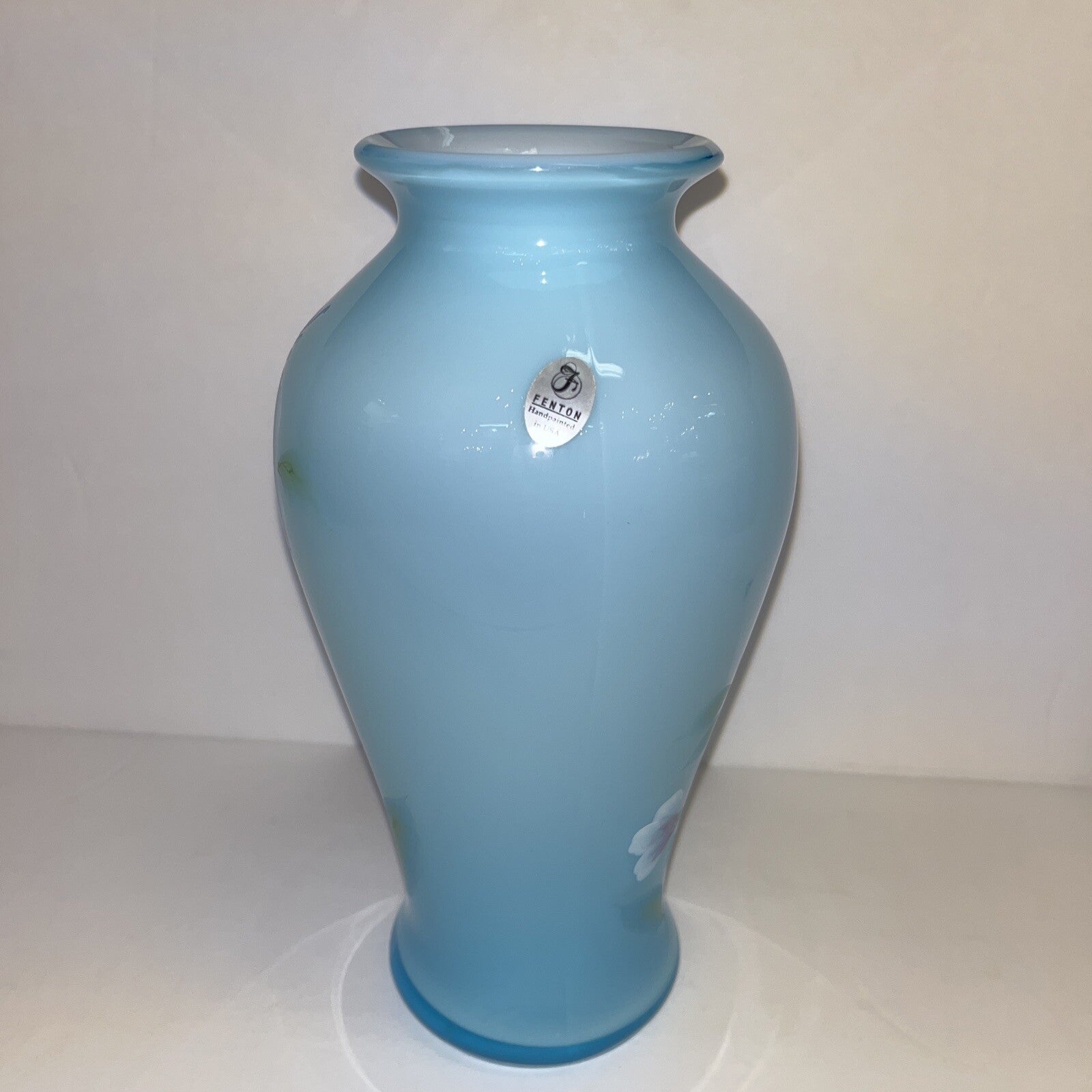 FENTON ART GLASS 2002 BLUE TOPAZ OVERLAY HAND PAINTED 9.5" VASE ~WILLIAMS