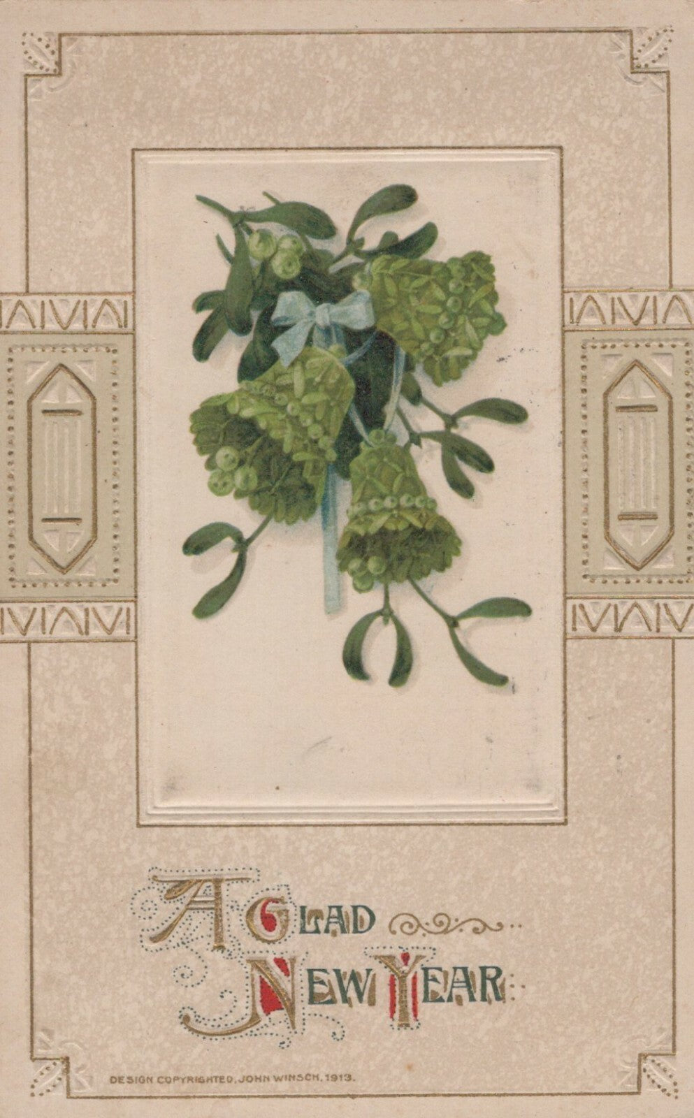 Winsch 1913 Glad New Year Three Green Bells Mistletoe Gold Gilt Frame Postcard