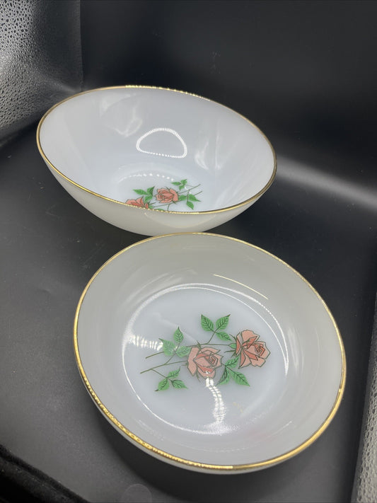 2-VINTAGE Fire King Pink  "ANNIVERSARY ROSE" Round Vegetable Bowls