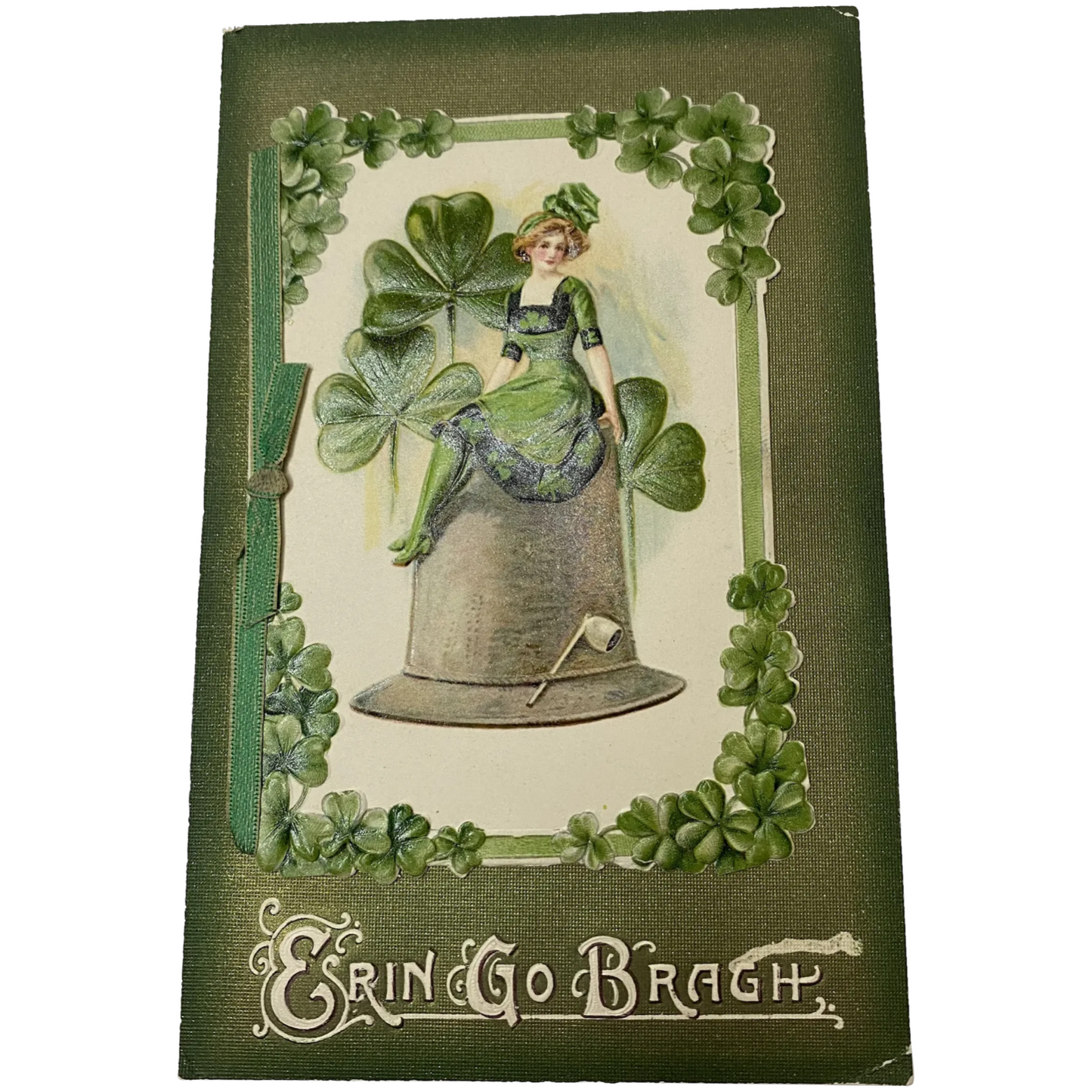 Winsch Erin Go Bragh Vintage St. Patrick's Day Postcard Irish Woman Sitting Bell