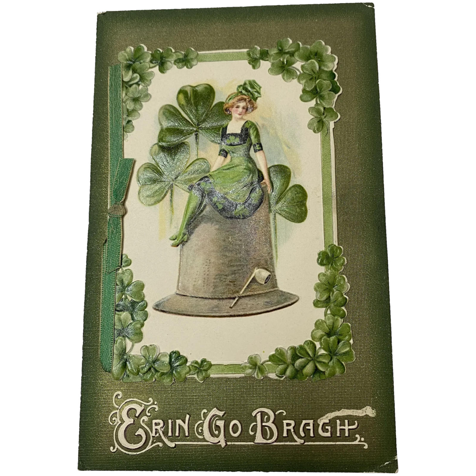 Winsch Erin Go Bragh Vintage St. Patrick's Day Postcard Irish Woman Sitting Bell