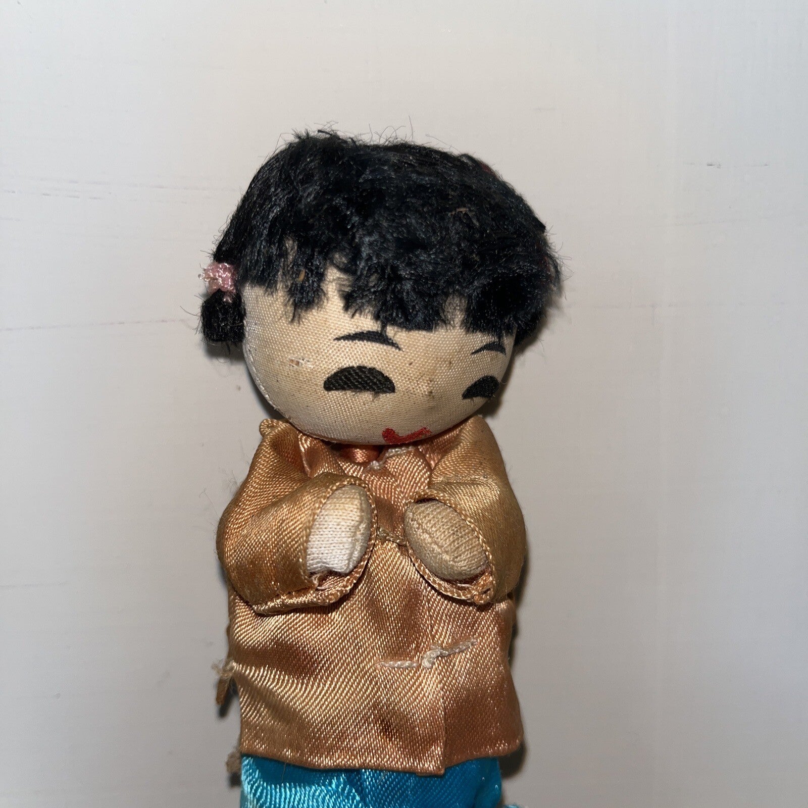 Vintage Asian Chinese Traditional Cloth Doll 6” Silk Hand Painted Black
