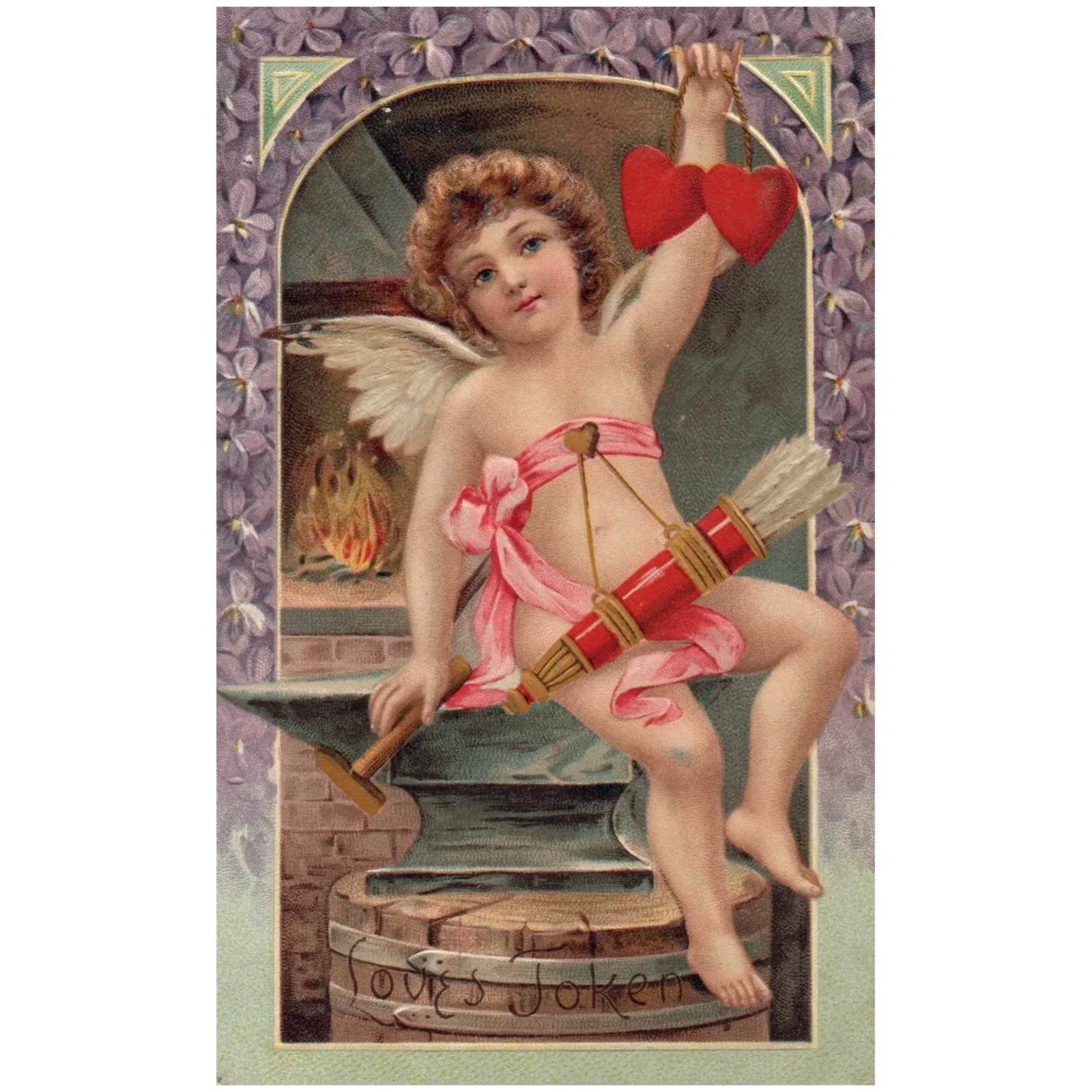 Angel Child With Bow and Hearts Next to Fire Vintage Valentine Postcard