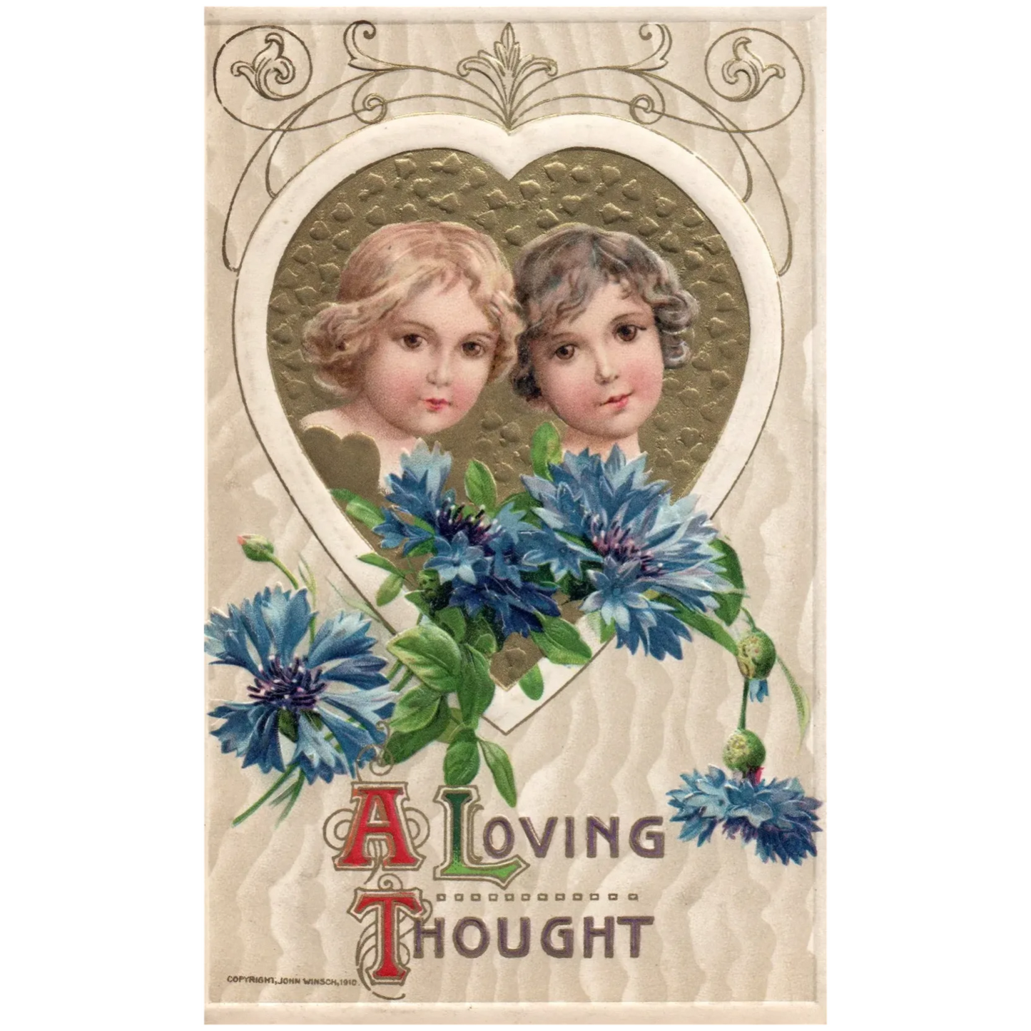 Winsch A Loving Thought Little Children in Gold Heats with Blue Flowers Postcard