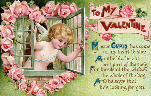 1912 Angel looking out Window Rose Heart Vintage Valentine Postcard V12