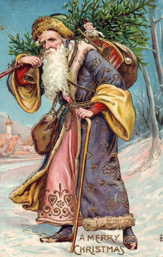A Merry Christmas Purple Santa w/ Toys on Back & Tree Gold Gilt Santa Postcard