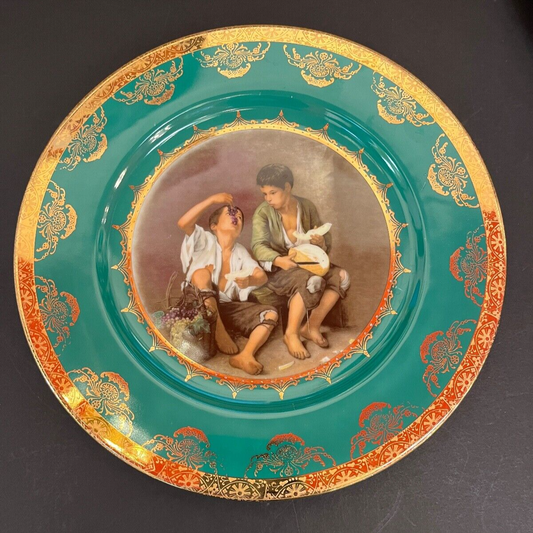 10" Vintage Bavaria Green Decorative Plate with Gold Trim - Two Boys Eating