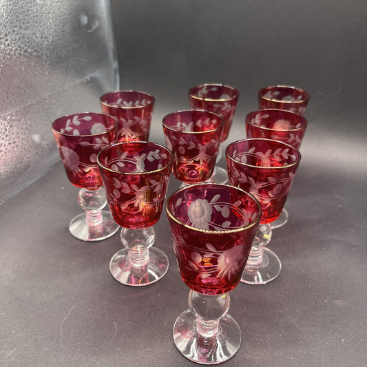 9 Vintage Ruby Red Stained Flash Cut to Clear Etched Floral Cordials 3.5”