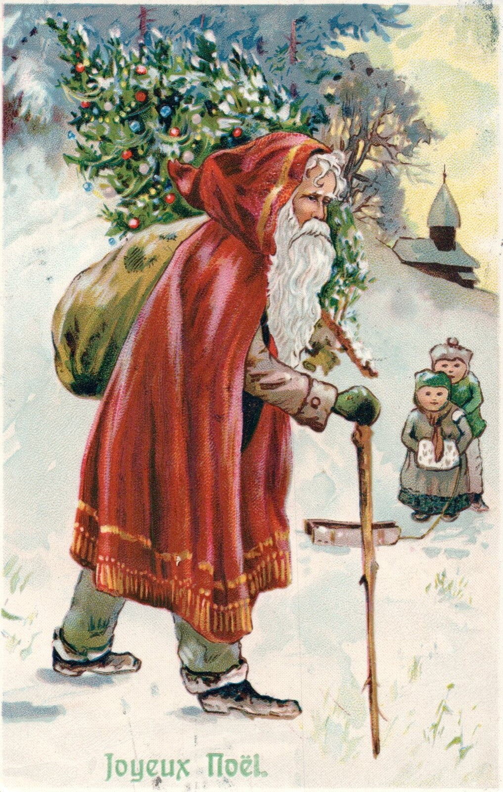Joyeux Noel Foreign Santa With Christmas Tree Vintage Santa Postcard