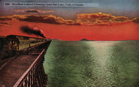 7160 Overland Limited Crossing Great Salt Lake At Sunset Train UT Utah Postcard