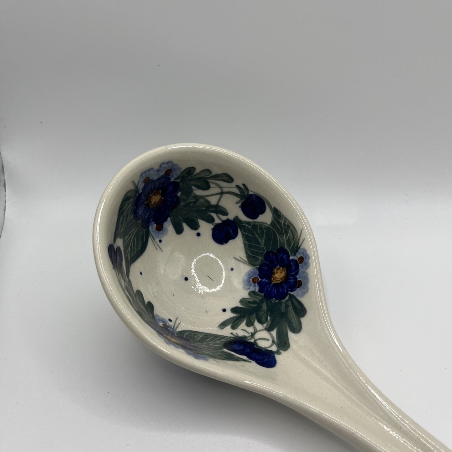 Vtg Polish Pottery Soup Serving Ladle 12“  Wild Blueberry Cobalt Blue