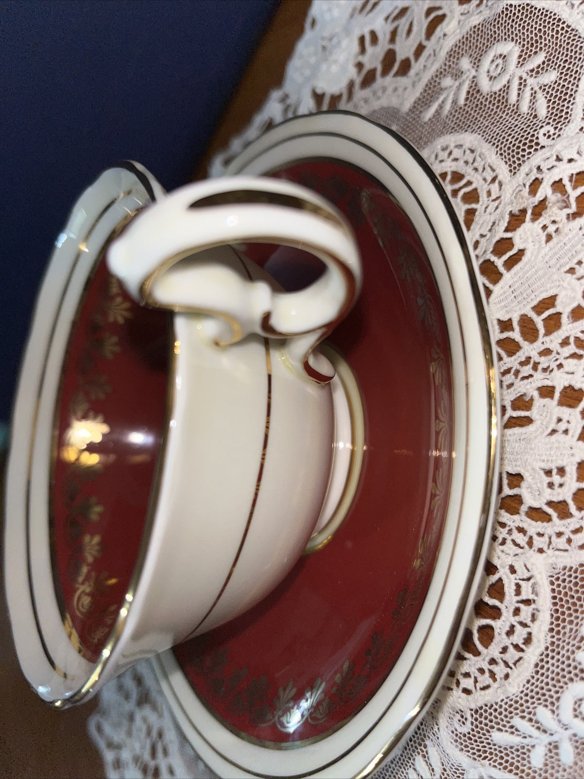 Vintg JOHN AYNSLEY Bone China England Ruby Red Floral Center #C882 Set Cup&Sauce