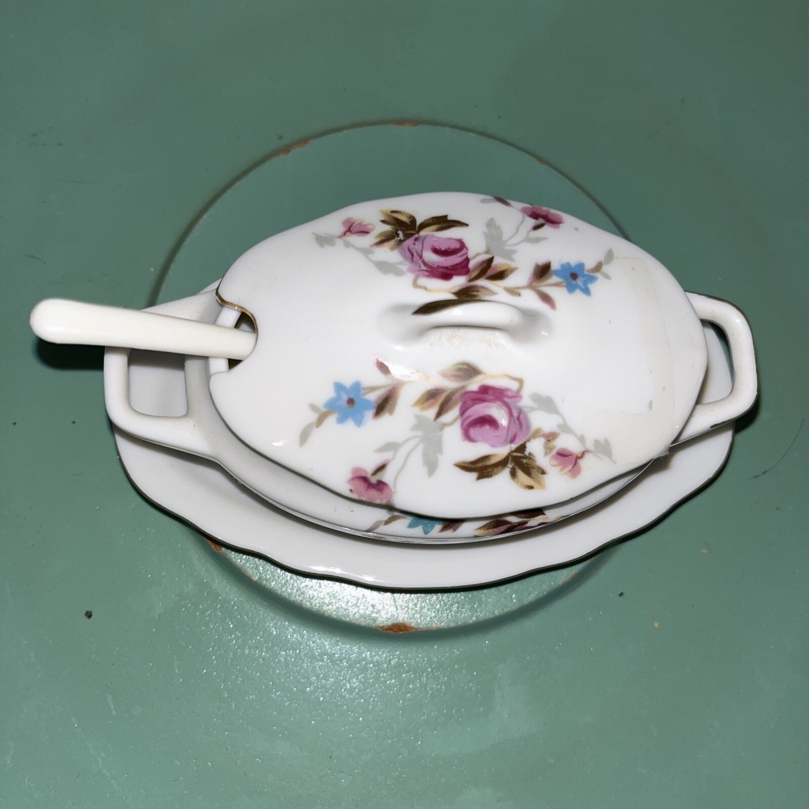 Vintage Royal Crown  #1446N Condiment Mustard Sugar Tureen Blue Floral 