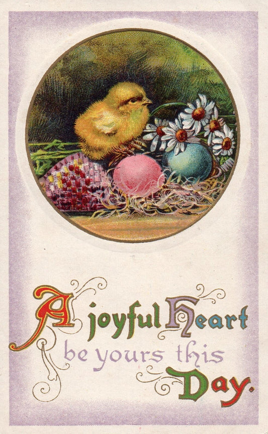 A Joyful Easter Heart Be Yours This Day Chick with Eggs Vintage Easter Postcard