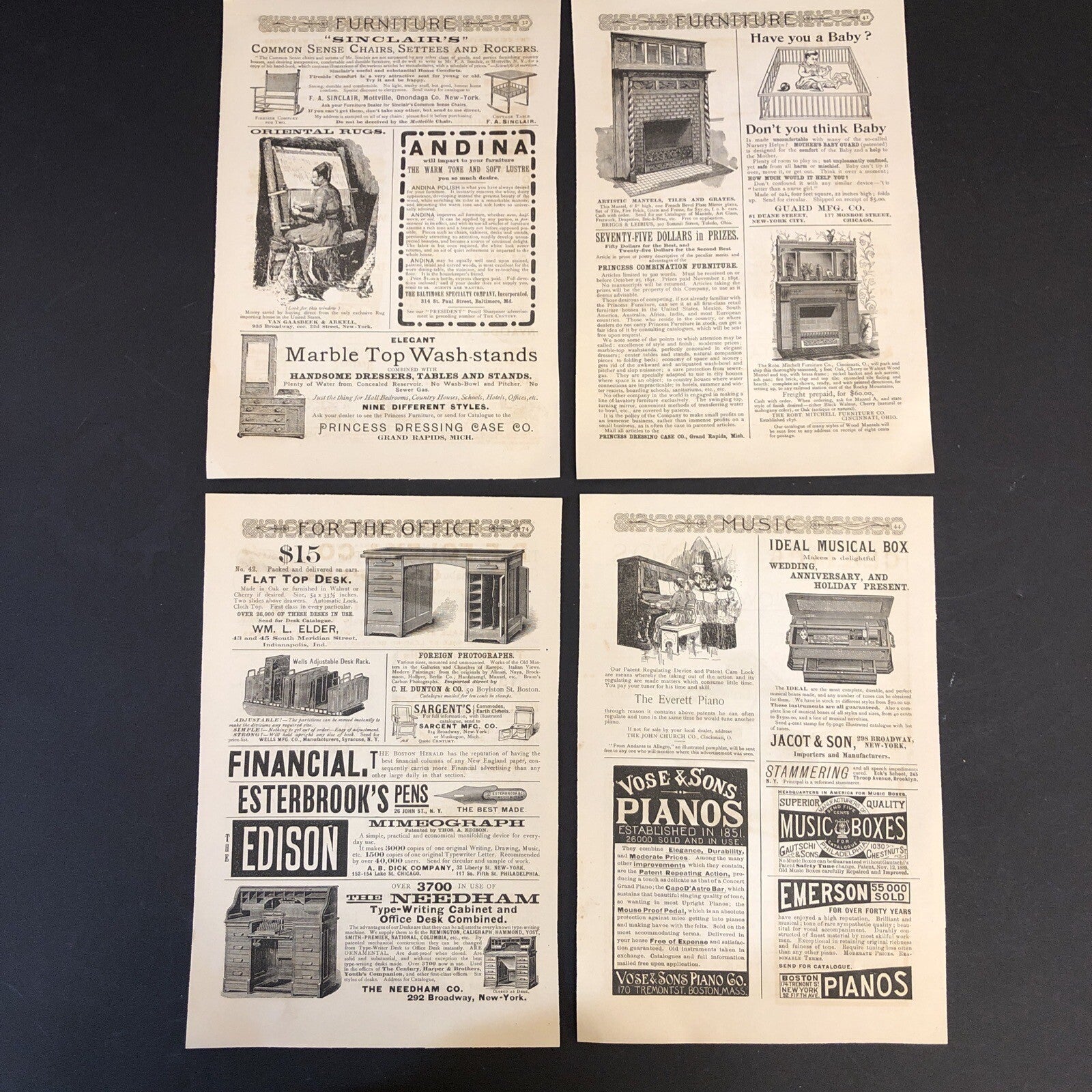 Furniture Desks Pianos- 4 pages - 1891 Harpers Magazine Advertisements Ads