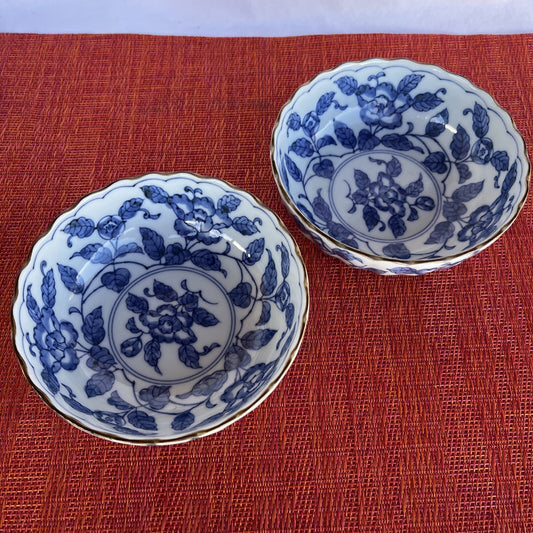 2 Takahashi San Francisco Japan Blue White Flower Sauce Bowl Trinket Dish