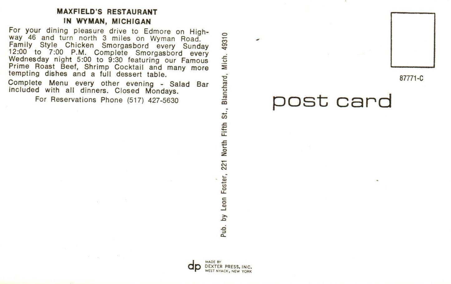 Interior Maxfields Restaurant Wyman MI Mich Michigan Postcard 