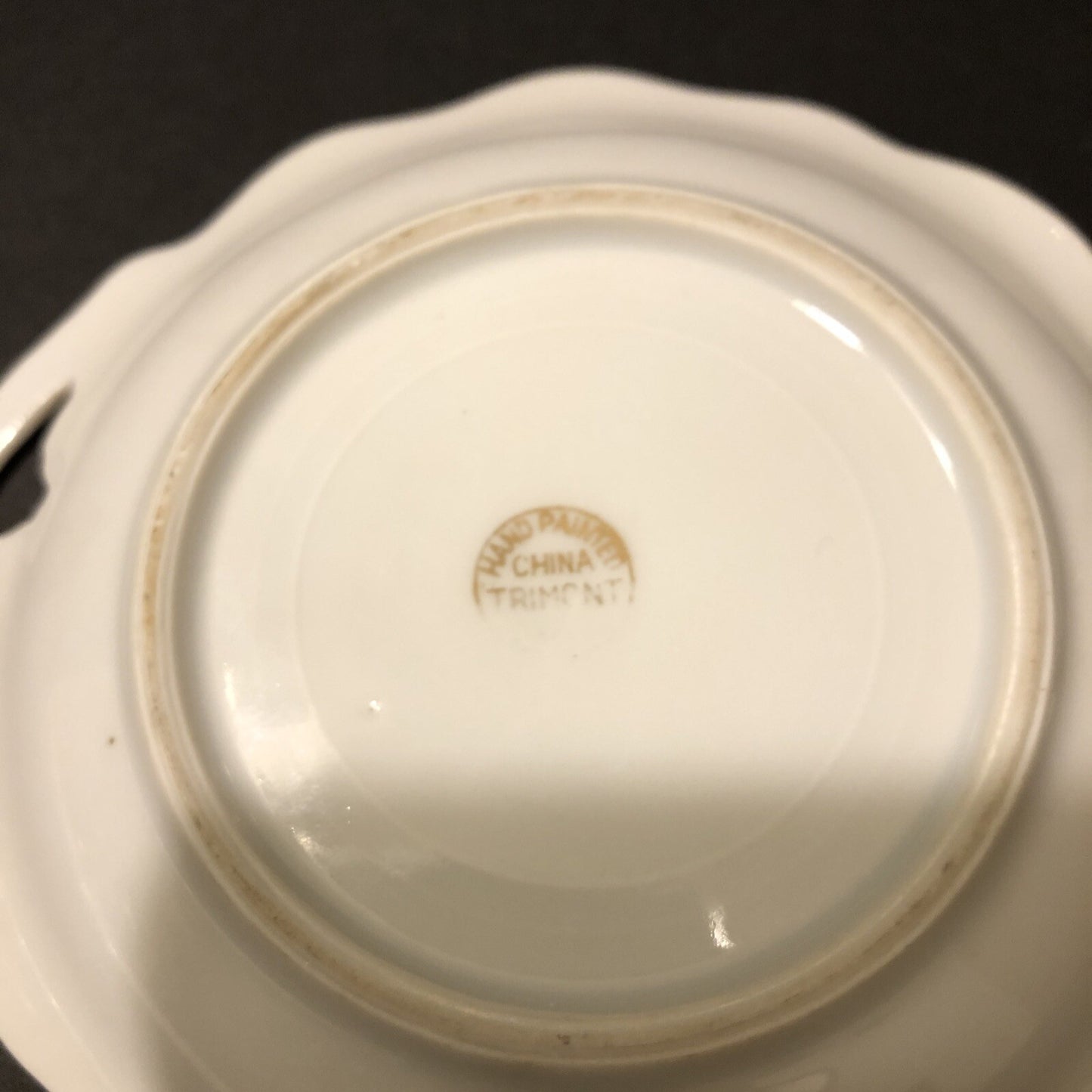 Trimont Trinket Dish 4" x 5” Hand Painted China Leaf Shape Floral Gold Trim