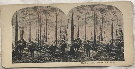 WWI Stereoview Machine Gun Platoon Advancing Woods Soldiers War