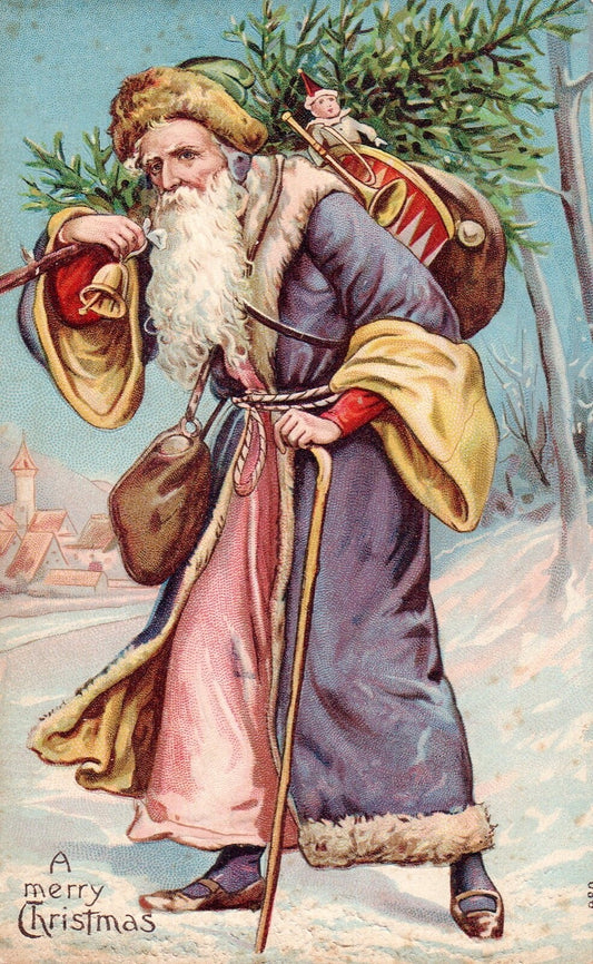 A Merry Christmas Purple Santa w/ Toys on Back & Tree Santa Postcard DAMAGED