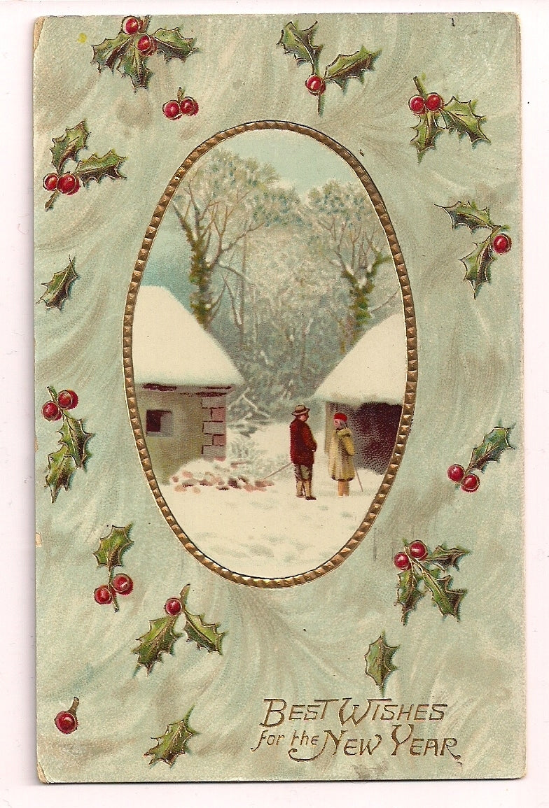 Best Wishes Gold Gilt Gel Scenic New Year  Postcard
