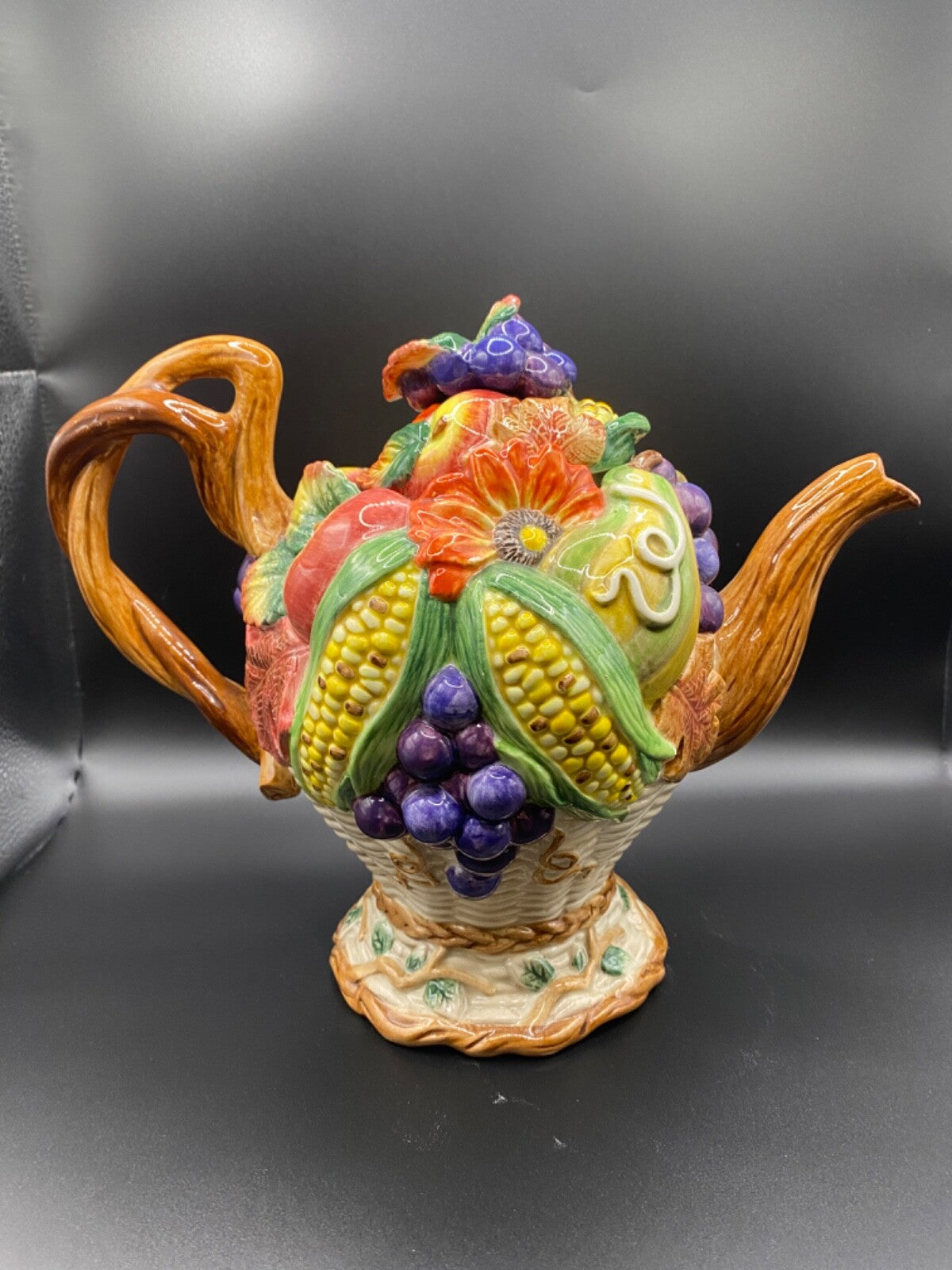 Vintage Fitz And Floyd Harvest Fall Ceramic Pumpkin Grapes Leaf