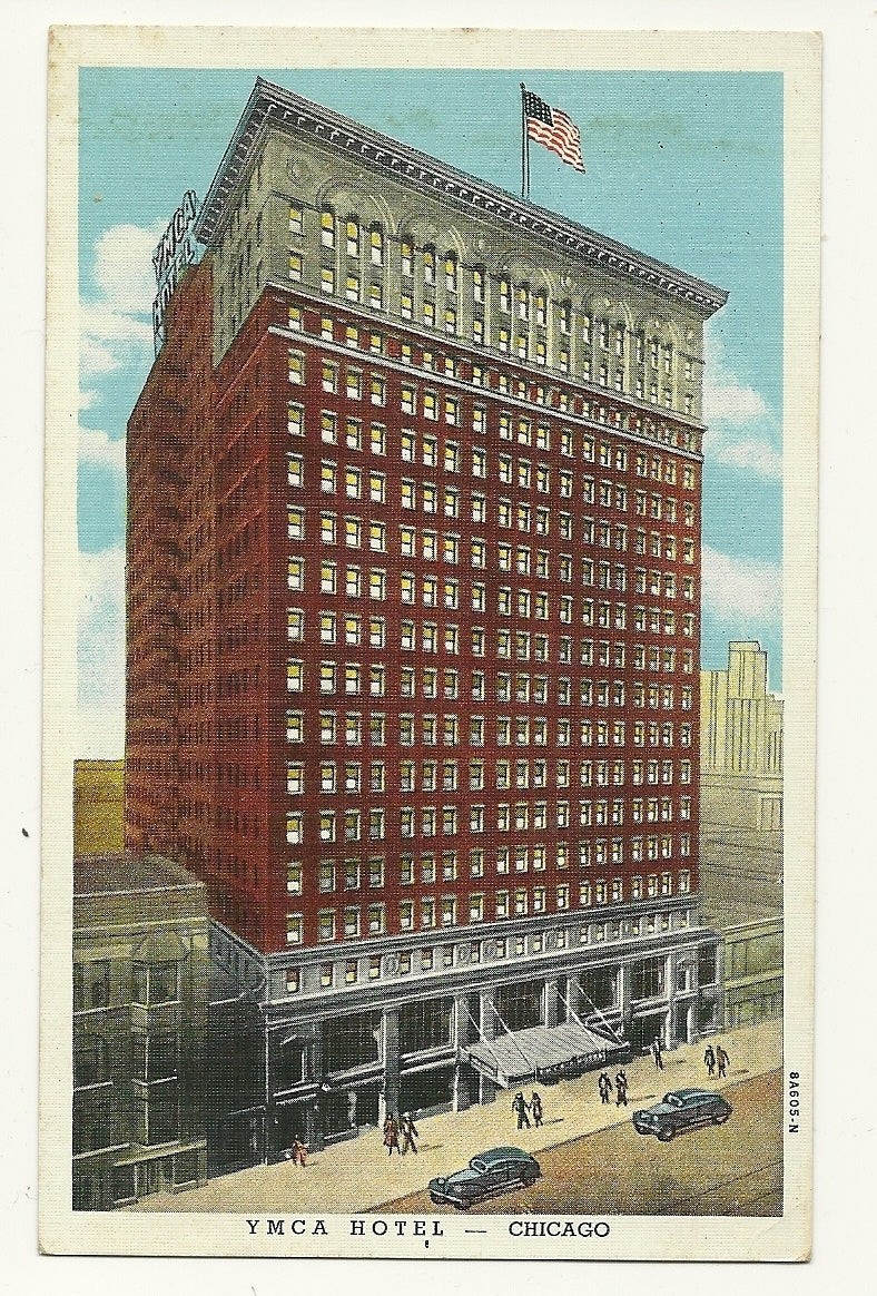YMCA Hotel Chicago Illinois IL  US Flag Cars Post Card Wabash Avenue