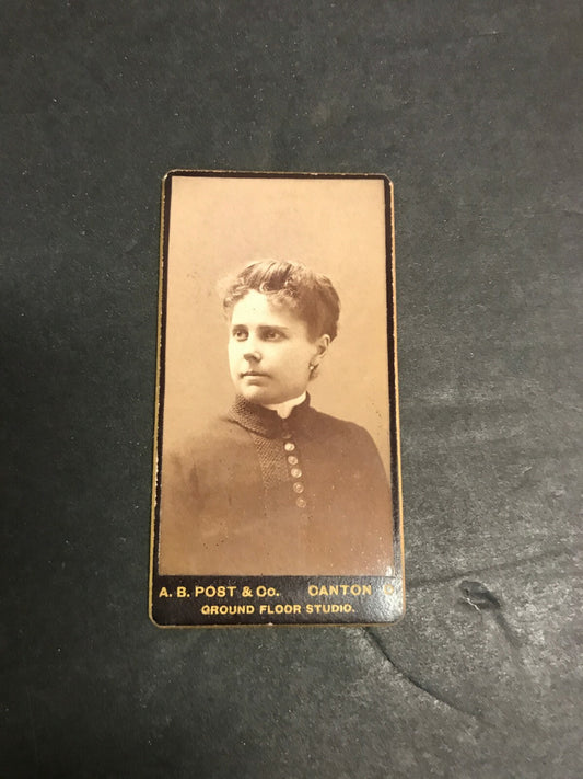 Real Photo Vintage CDV Woman Girl Lady Dress Buttons Up Do Hair AB Post Co