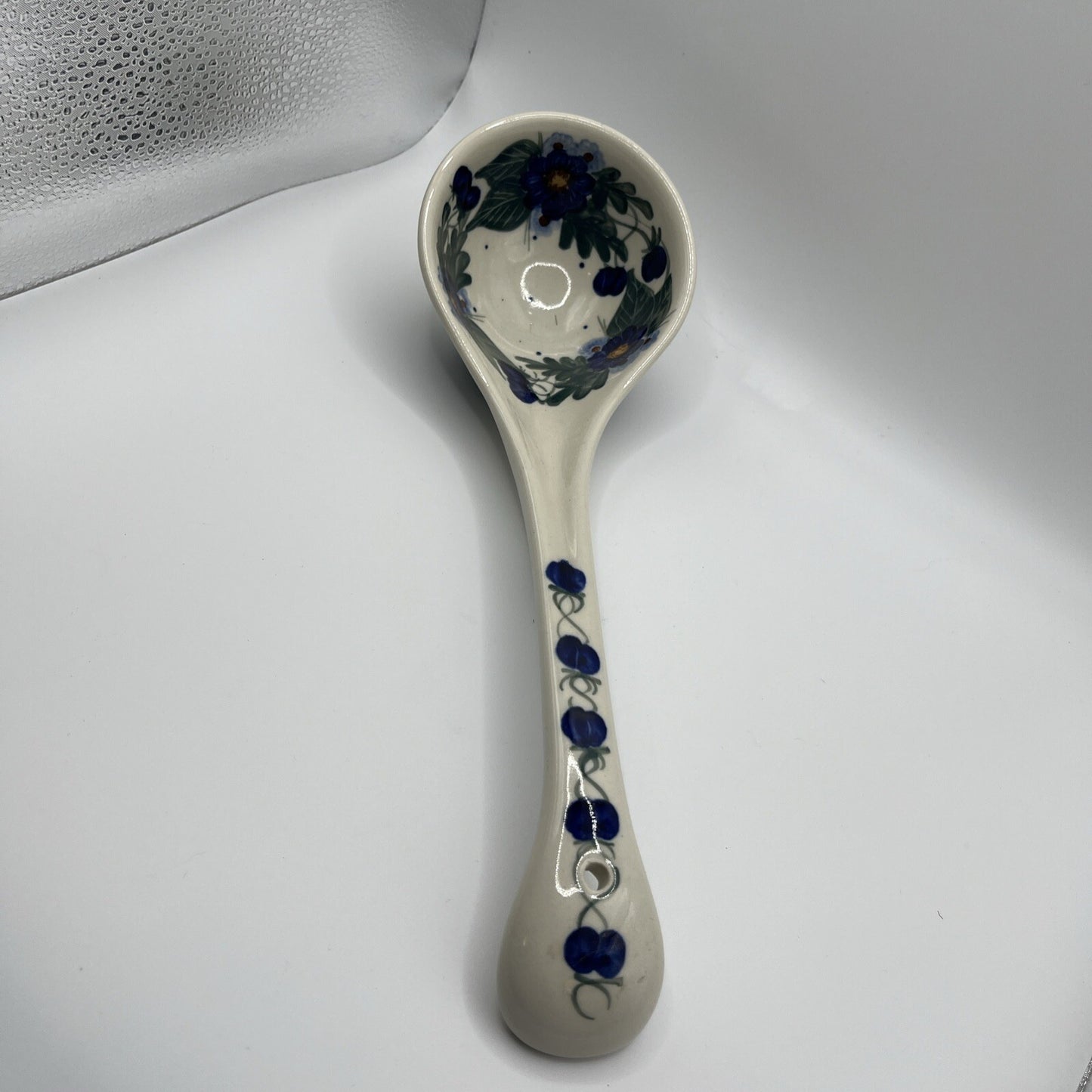 Vtg Polish Pottery Soup Serving Ladle 12“  Wild Blueberry Cobalt Blue