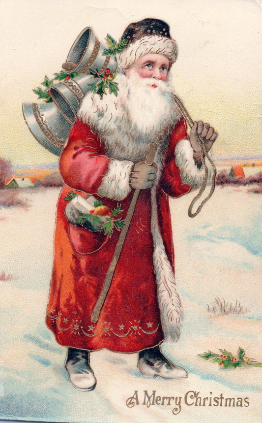 A Merry Christmas Gold Gilt Sant Carrying Silver Bells Vintage Santa Postcard