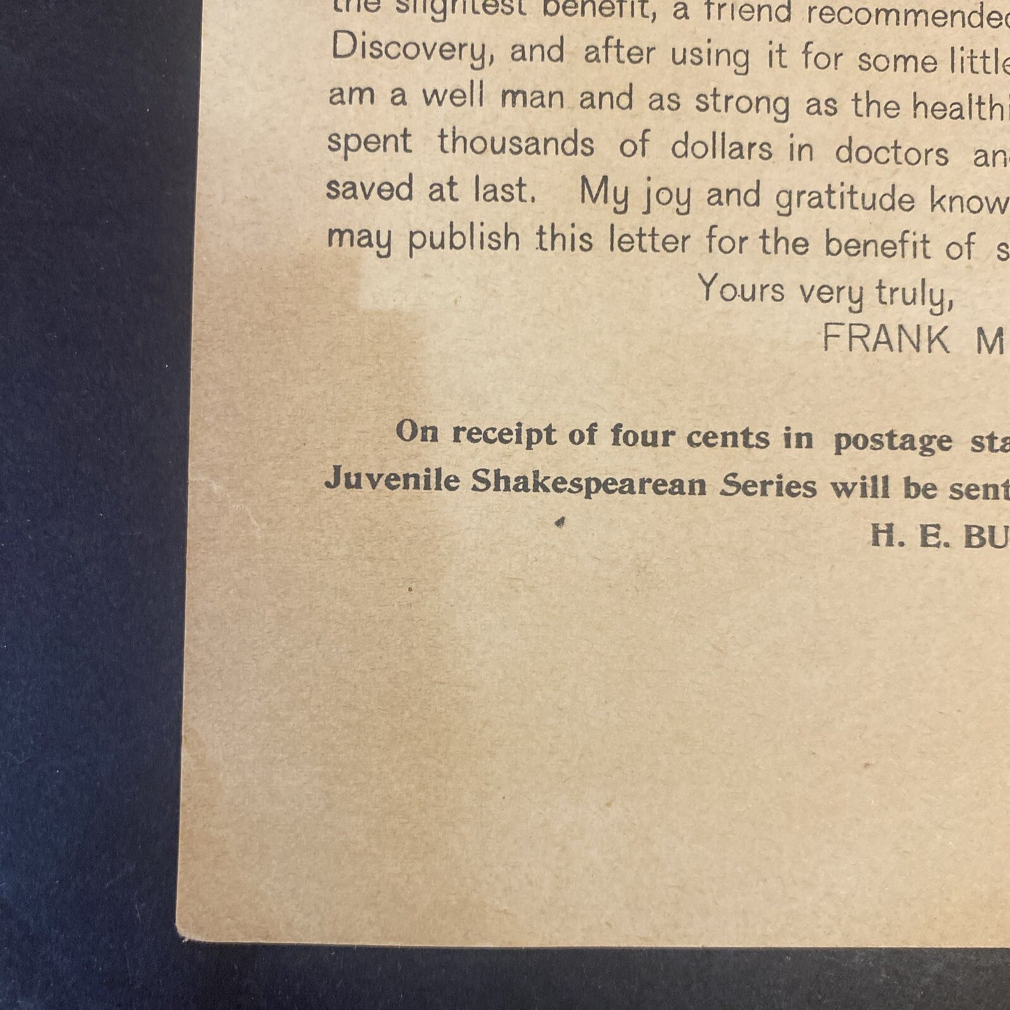 H E Bucklen 1895 Dr Kings New Discovery Shakespeare Victorian Trade Card # 4