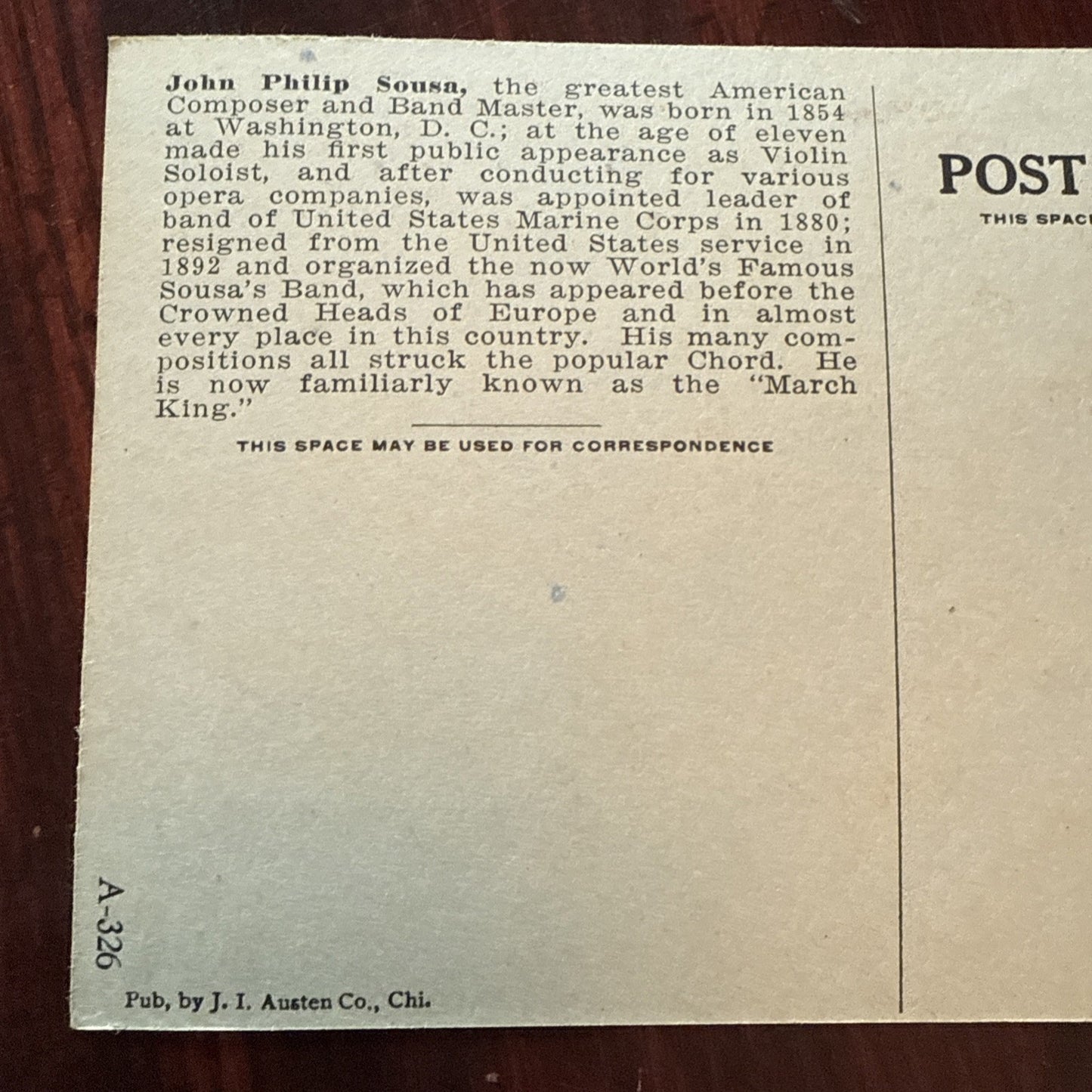 John Phillip Sousa J I Austen PEGASUS Arts Theater Writing c1910's *Scarce