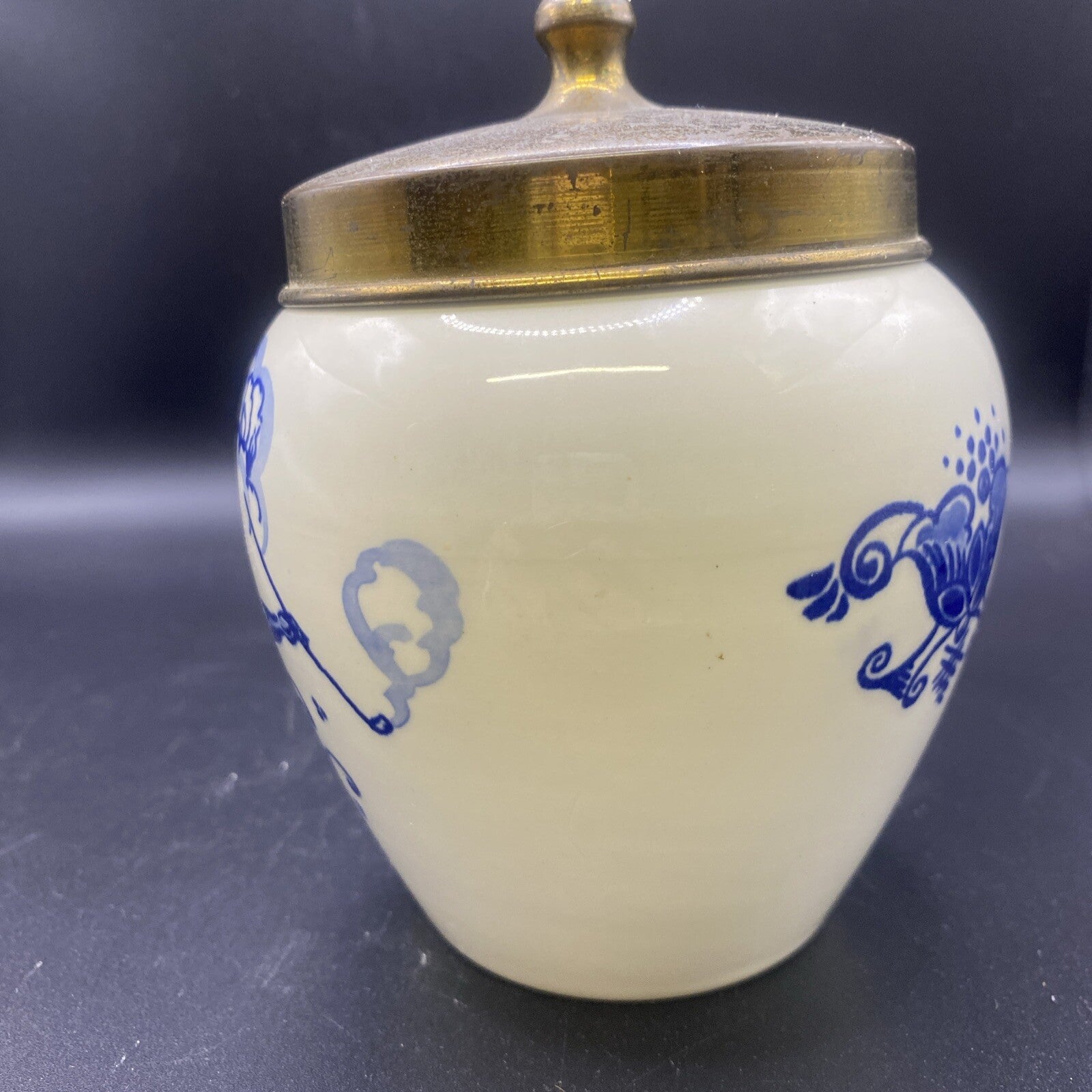 1900's ANTIQUE Little 5.25"  Dutch Delft Tobacco Jar GOEDEWAAGEN DELFTWARE LID