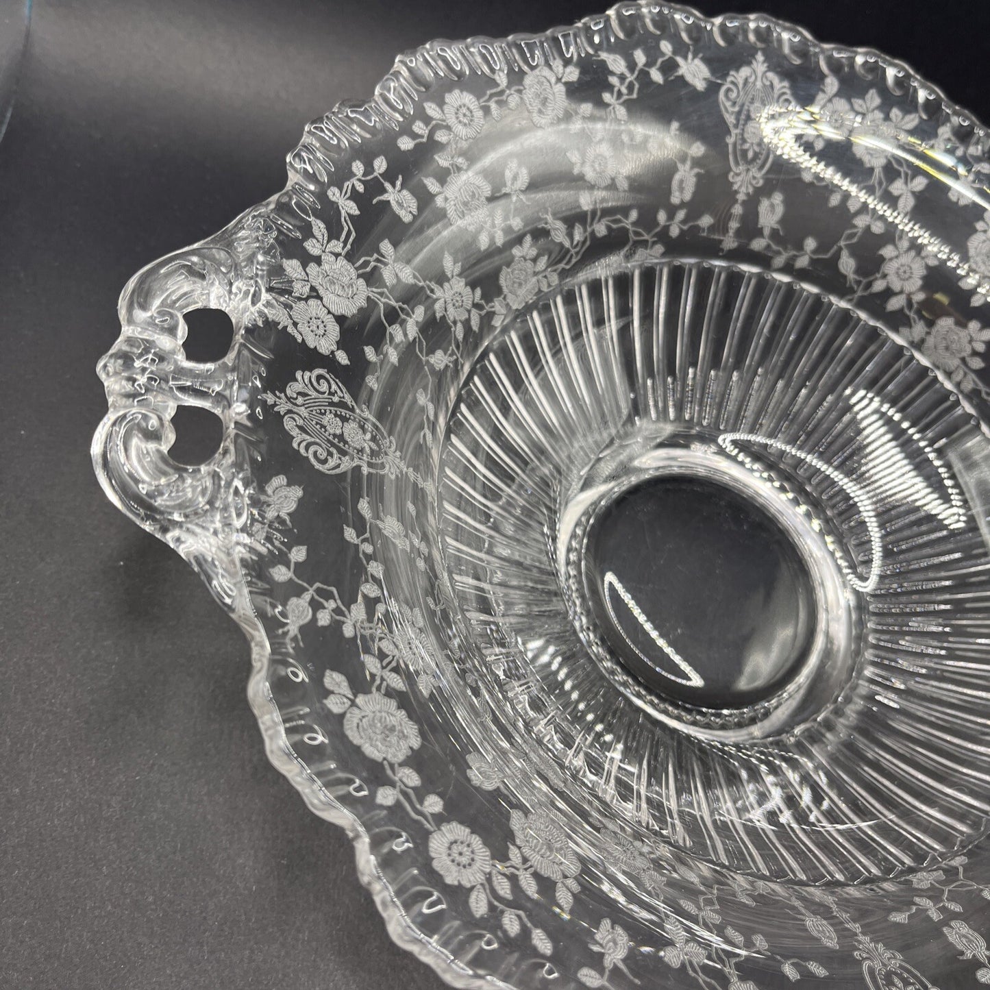 CAMBRIDGE GLASS CO  ROUND FOOTED CONSOLE BOWL - GRAY CUT FLORAL DECOR 10”