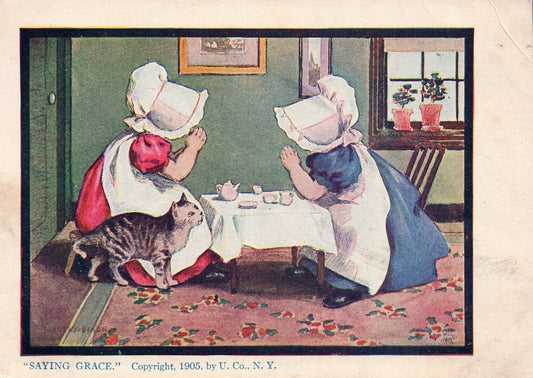 1905 Peek A Boo Bonnet Girl Artist signed Dorothy DIxon cat Tea Party