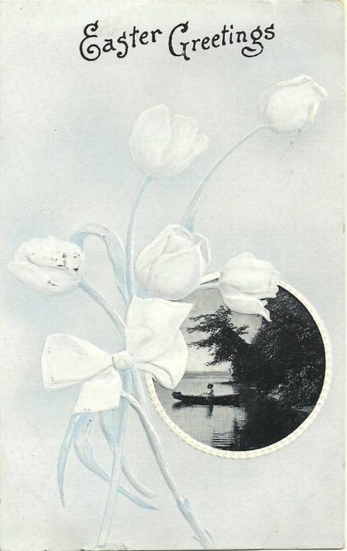 White Tulips Row Boat Easter Greeting Postcard