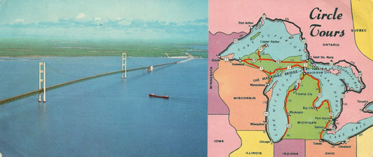 8.5x3.5 Circle Tour Mackinac Bridge Michigan Upper Peninsula Panoramic Postcard