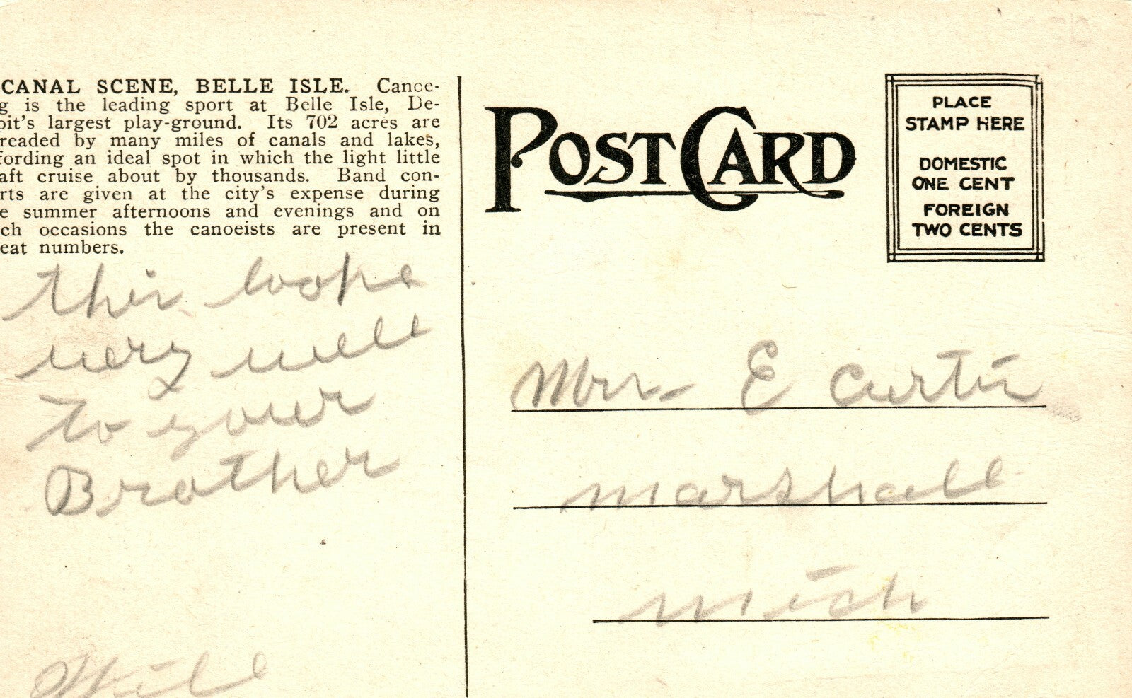 Canal Scene Belle Isle Canoes Detroit  MI Michigan Postcard