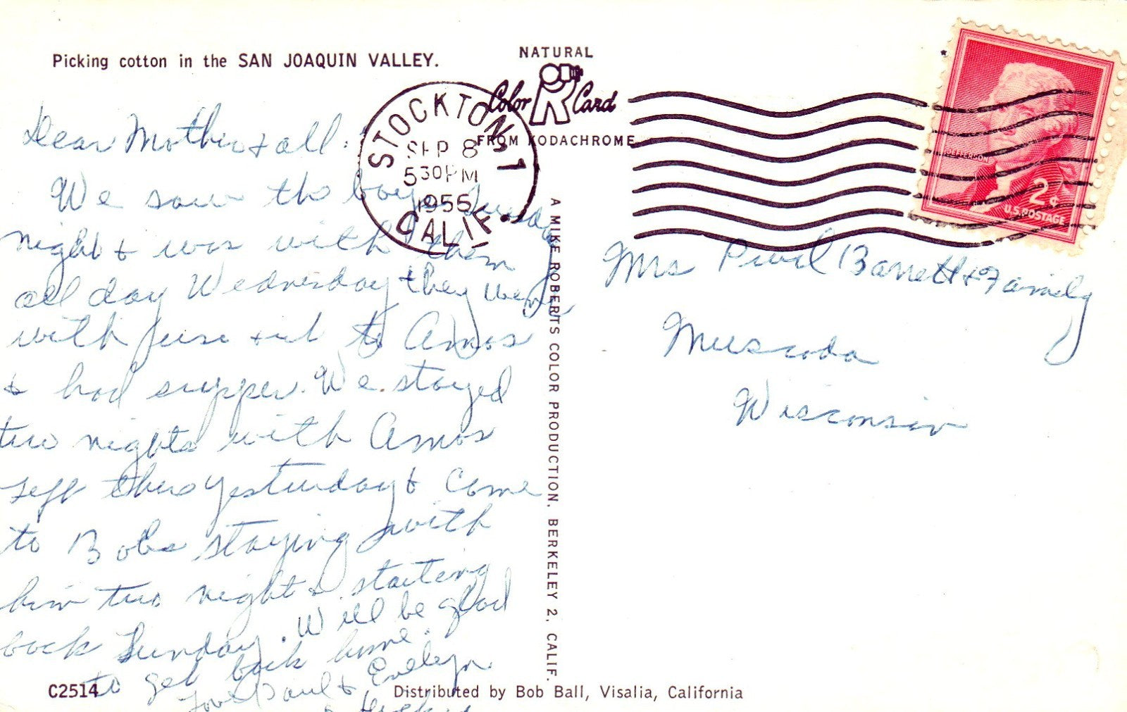 Picking Cotton in the SAN JOAQUIN VALLEY with a tractor vintage postcard