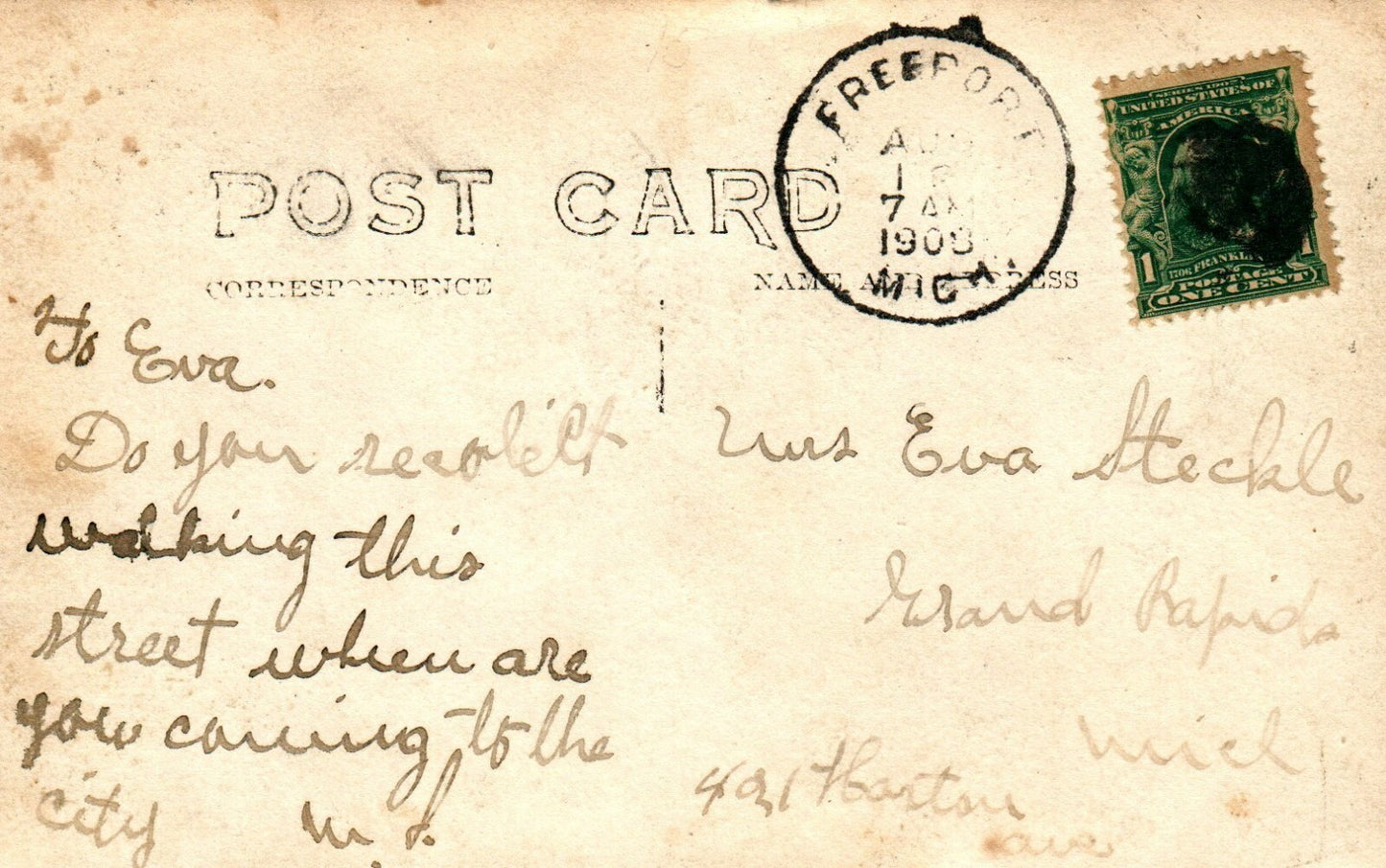 1908 Real Photo Cherry Street Church Freeport  Michigan MI Postcard