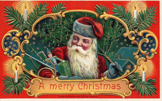 A Merry Christmas Santa Carrying Presents & Tree Vintage Santa Postcard