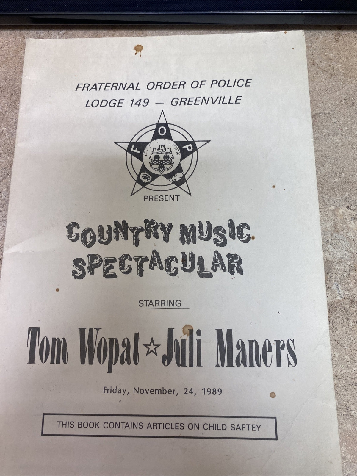 1989 FOP Fraternal Order of Police Lodge 149 Greenville Michigan MI Tom Wopat 