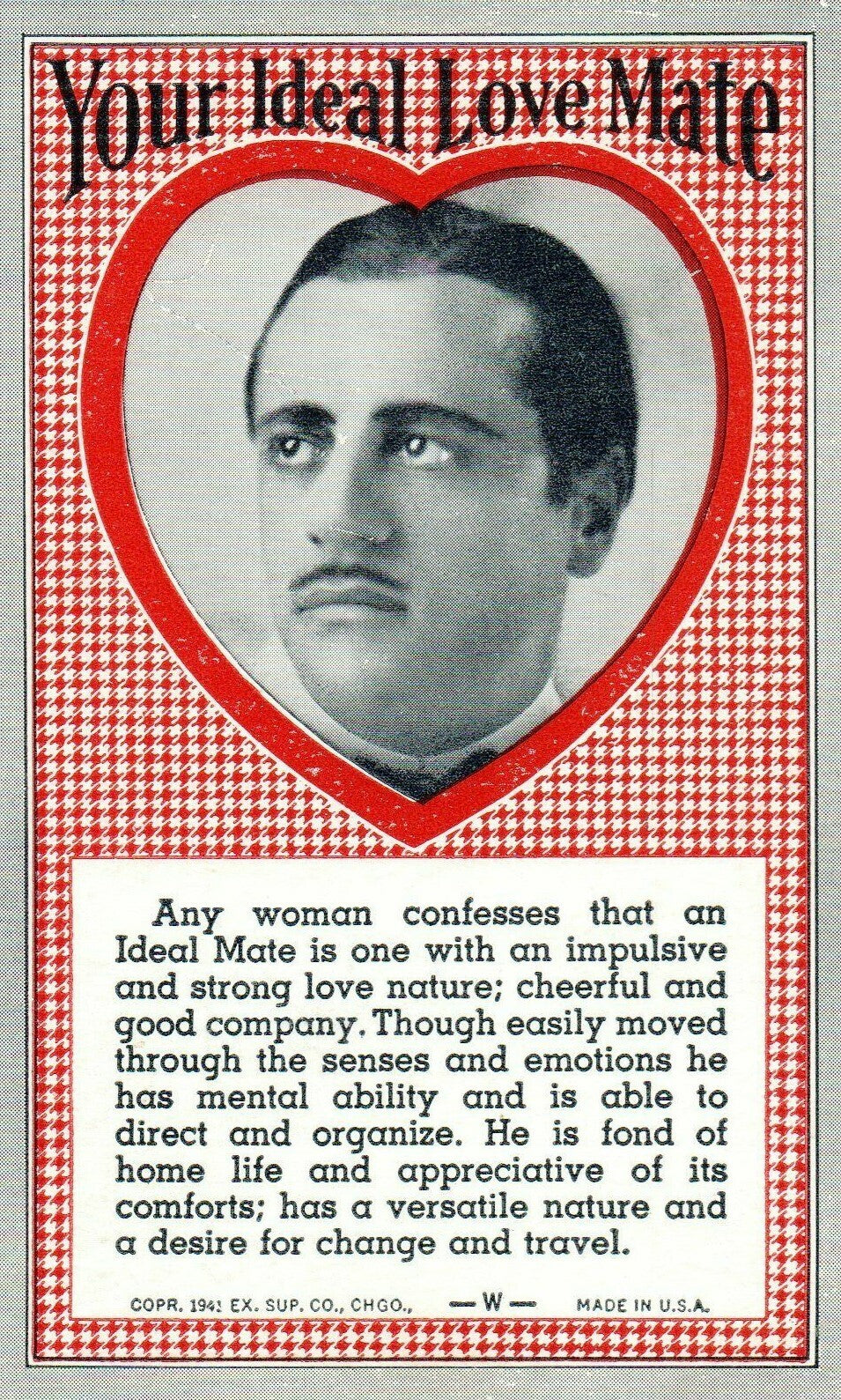 Your Ideal Love Mate Portrait Of Man Poem Valentines Postcard