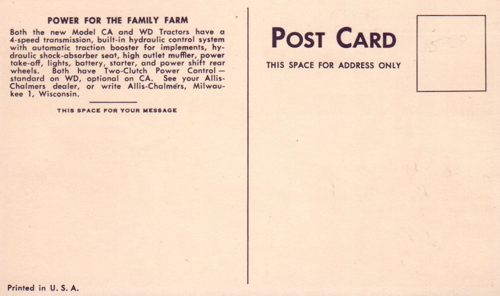 Allis-Chalmers Power for the family farm Model "CA" TRACTOR Vintage postcard