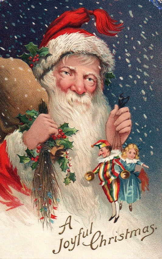 A Joyful Christmas Santa with Toys for Children in Snow Vintage Santa Postcard