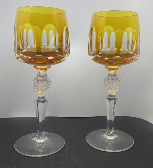 2 NACHTMANN ANTIKA Crystal 8" Cut To Clear WINE GOBLET Bohemian Yellow