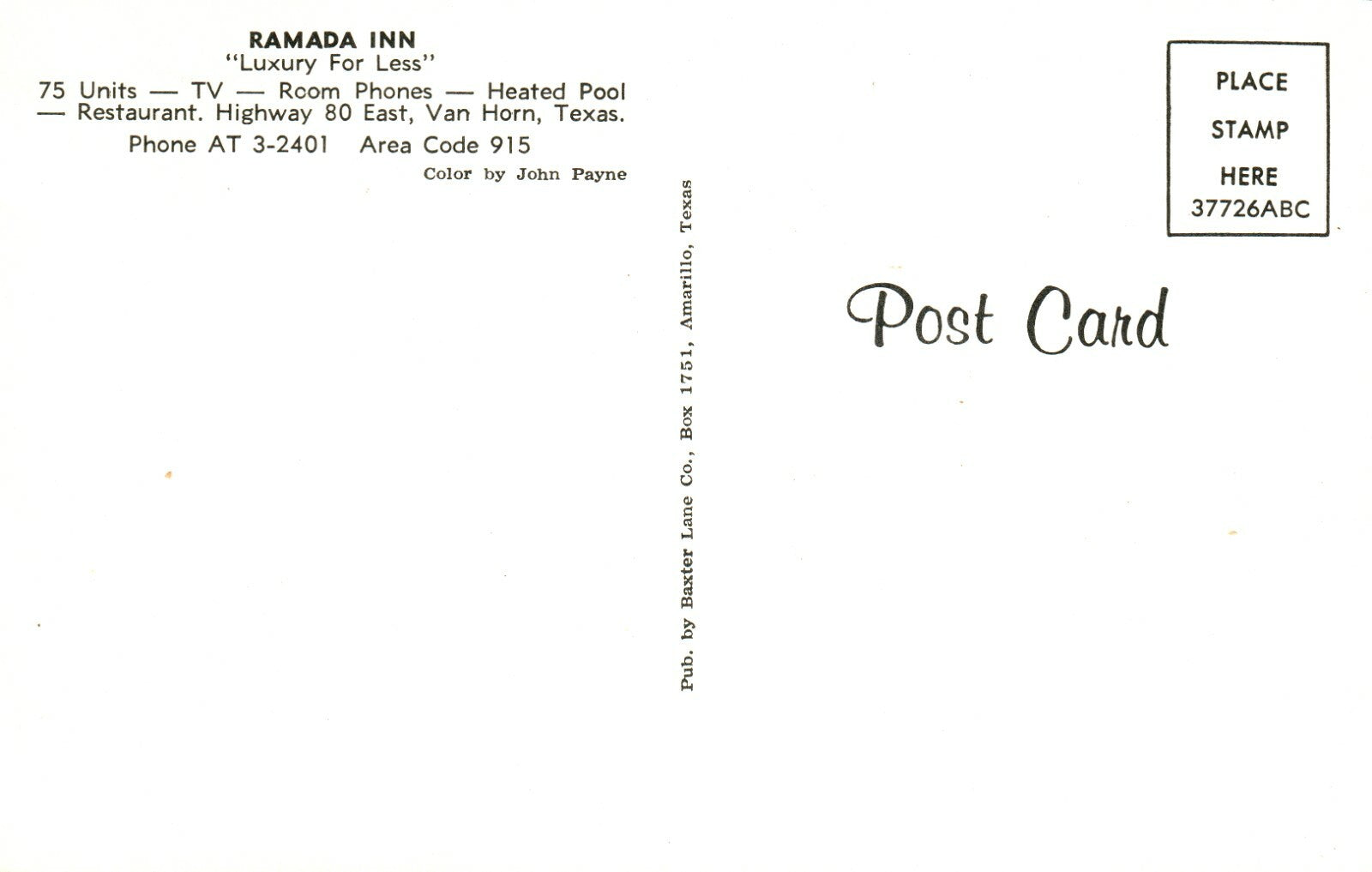 Ramada Inn Motel Hotel Coffee Shop Hwy 80 East Van Horn Texas TX Postcard